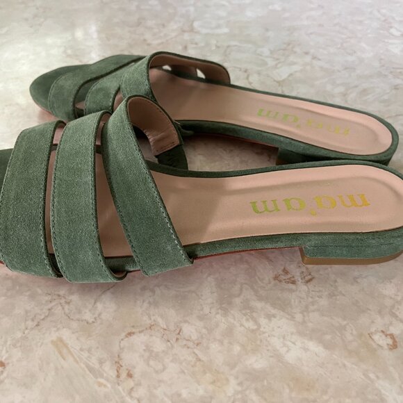 Ma'am Sz 10.5 (9.5) Moss Green Three Strap Suede Slides Made in USA - Picture 3 of 8